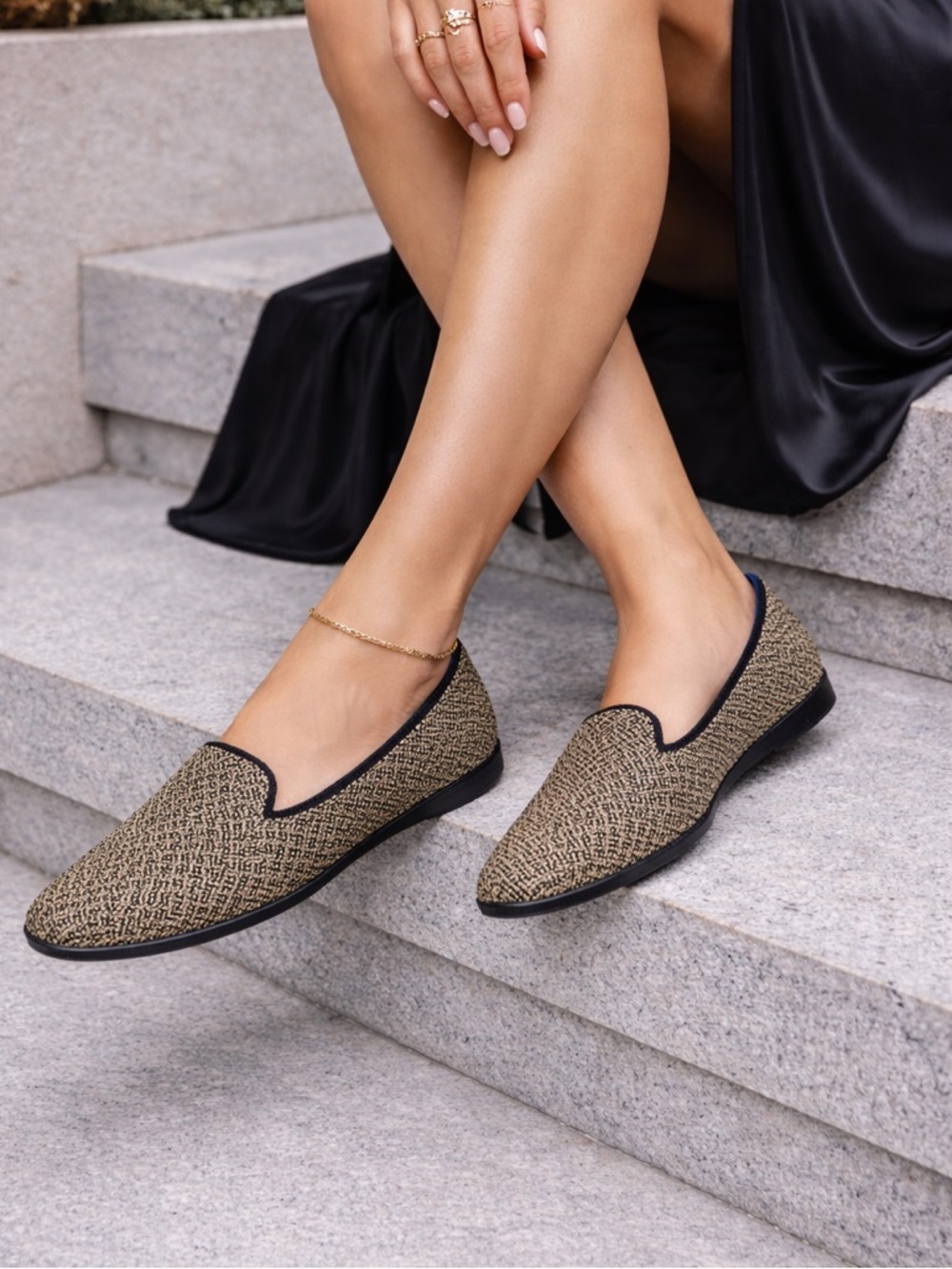 Rothy's Woven Pointed Loafers in Beige with Black Trim